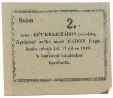 Mád 1849.07.17. 2kr utólagos replika, hátoldalán "A Mádi Múzeum megnyit[...]" kézírásos jelzéssel T:F hajtás nélküli erős papír, kis sarokhiány Hungary / MÁD 1849.07.17. 2 Kreuzer later replica with "A Mádi Múzeum megnyit[...]" notation on the back C:F unfolded strong paper, small missing corner Adamo MÁD-2.1.2
