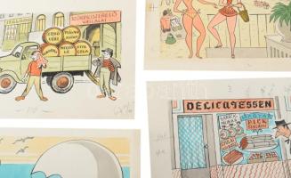 Szegő Gizi (1902-1985): 7 db karikatúra. Vegyes technika, papír, jelzett, mindegyik hátoldalán "...