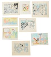 Szegő Gizi (1902-1985): 8 db karikatúra. Vegyes technika, papír, jelzett, mindegyik hátoldalán "Ludas Matyi Szerkesztősége"bélyegzővel. 15x12 és 18x21 cm közötti méretekben