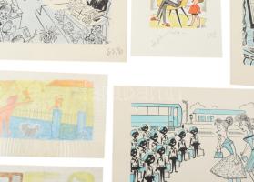 Szegő Gizi (1902-1985): 8 db karikatúra. Vegyes technika, papír, jelzett, mindegyik hátoldalán "...