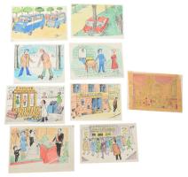 Szegő Gizi (1902-1985): 9 db karikatúra. Vegyes technika, papír, jelzett, mindegyik hátoldalán "Ludas Matyi Szerkesztősége"bélyegzővel. 14x20 cm körüli méretekben