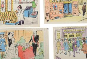 Szegő Gizi (1902-1985): 9 db karikatúra. Vegyes technika, papír, jelzett, mindegyik hátoldalán "...