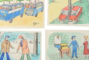 Szegő Gizi (1902-1985): 9 db karikatúra. Vegyes technika, papír, jelzett, mindegyik hátoldalán "...