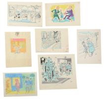 Szegő Gizi (1902-1985): 7 db karikatúra. Vegyes technika, papír, jelzett,egy kivételével mindegyik hátoldalán "Ludas Matyi Szerkesztősége" vagy "Kis Ludas" bélyegzővel. 14x19 és 20x22 cm körüli méretekben