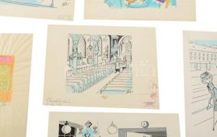 Szegő Gizi (1902-1985): 7 db karikatúra. Vegyes technika, papír, jelzett,egy kivételével mindegyik h...