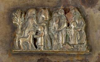 Iparművész díszdoboz, fabetétes, bibliai jelenettel, kopott, 10x15 cm