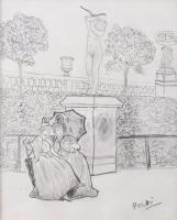 Poldi jelzéssel: Hölgyek a parkban. Ceruza, papír. Üvegezett fakeretben. 15x12 cm.