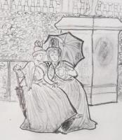 Poldi jelzéssel: Hölgyek a parkban. Ceruza, papír. Üvegezett fakeretben. 15x12 cm