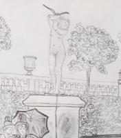 Poldi jelzéssel: Hölgyek a parkban. Ceruza, papír. Üvegezett fakeretben. 15x12 cm