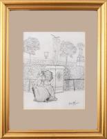 Poldi jelzéssel: Hölgyek a parkban. Ceruza, papír. Üvegezett fakeretben. 15x12 cm