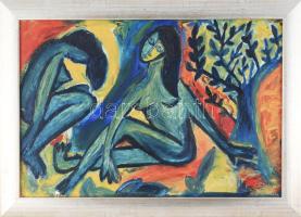 Olvashatatlan jelzéssel: Aktok a die Brücke művészeinek modorában. Olaj, farost. Dekoratív fakeretben. 32,5x48 cm.