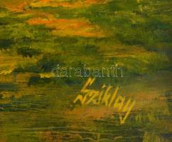 Sziklay Juhos Sándor (?-2024): Ősszel. Olaj, farost, jelzett. Dekoratív keretben. 20×30 cm