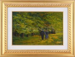 Sziklay Juhos Sándor (?-2024): Ősszel. Olaj, farost, jelzett. Dekoratív keretben. 20×30 cm