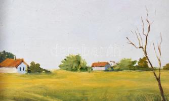 Sziklay Juhos Sándor (?-2024): Alföldi táj nyáron. Olaj, farost, jelzett. Dekoratív keretben. 20×15 ...