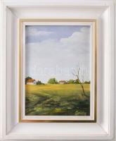 Sziklay Juhos Sándor (?-2024): Alföldi táj nyáron. Olaj, farost, jelzett. Dekoratív keretben. 20×15 ...