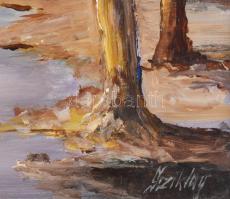 Sziklay Juhos Sándor (?-2024): Ártéri fák. Olaj, farost, jelzett. Dekoratív keretben. 19,5×28,5 cm