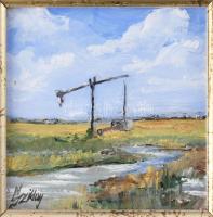 Sziklay Juhos Sándor (?-2024): Gémeskút eső után. Olaj, farost, jelzett. Dekoratív keretben. 10×10 cm