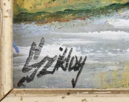 Sziklay Juhos Sándor (?-2024): Gémeskút eső után. Olaj, farost, jelzett. Dekoratív keretben. 10×10 c...