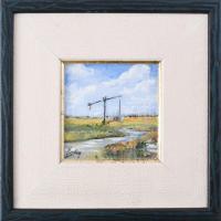 Sziklay Juhos Sándor (?-2024): Gémeskút eső után. Olaj, farost, jelzett. Dekoratív keretben. 10×10 c...