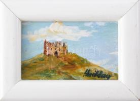 Sziklay Juhos Sándor (?-2024): Miniatűr várral. Olaj, farost, jelzett. Keretben. 5×8 cm