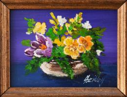 Sziklay Juhos Sándor (?-2024): 3 db miniatűr virágcsendélet. Olaj, farost, jelzett. Keretben. 7×4 és...