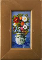 Sziklay Juhos Sándor (?-2024): 3 db miniatűr virágcsendélet. Olaj, farost, jelzett. Keretben. 7×4 és...