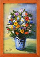 Sziklay Juhos Sándor (?-2024): 3 db miniatűr virágcsendélet. Olaj, farost, jelzett. Keretben. 7×4 és...