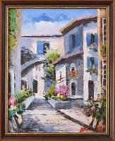 Olvashatatlan jelzéssel: Mediterrán utca. Olaj, farost, jelzett. Keretben. 27×22 cm.
