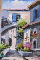 Olvashatatlan jelzéssel: Mediterrán utca. Olaj, farost, jelzett. Keretben. 27×22 cm