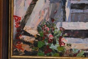 Olvashatatlan jelzéssel: Mediterrán utca. Olaj, farost, jelzett. Keretben. 27×22 cm