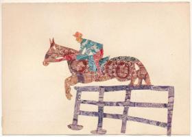 Díjugratás, lovas sport. Bélyegekből kivágott és összeragasztott képeslap. Budai nyomda / Show jumping, equestrian, horse sport. Made out of stamps