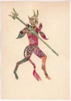 Krampusz. Bélyegekből kivágott és összeragasztott képeslap. Budai nyomda / Krampus. Made out of stamps