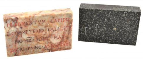 2 márvány tömb. Egyik a rajta lévő latin felirat szerint kőtöredék a Callistus temetőből 27-ből / 2 pieces of marble one with inscription: fragmentum lapidis e coemeterio callisti no IX Pont Max sacri print ann XVII. 13x8 cm
