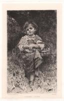 Francesco Paolo Michetti (1851-1929): Gyermek a réten. Rézkarc, papír, jelzett a karcon. Az 1884-ben megjelent Életképek. Jelenkori művészek találkozója. Husz rézkarcz c. mappából. Lapszéli hajtásnyommal és kisebb elszíneződéssel. 24x16 cm