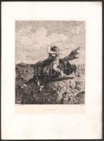 Évariste Vital Luminais (1821-1896): Az üldözött. Rézkarc, papír, jelzett a karcon. Az 1884-ben megjelent Életképek. Jelenkori művészek találkozója. Husz rézkarcz c. mappából. Lapszéli apró foltokkal és kisebb gyűrődéssel. 25,5x19,5 cm