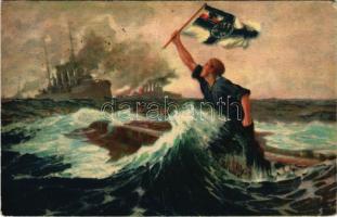 1916 Der letzte Mann. Aus dem Heldenkampf in der Seeschlacht bei den Falklandsinseln am 8. Dez. 1914. / Falkland-szigeteki csata, német hadihajó. A képeslap címzettje Hercz Jenő, a miskolci Hercz gépgyár és vasöntöde tulajdonosa. / WWI Battle of the Falkland Islands, German Navy art postcard s: Prof. Hans Bohrdt (fa)