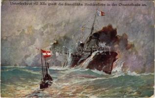 1915 Unterseeboot U XII greift die französische Hochseflotte in der Otrantostrasse an. Offizielle Postkarte des Österr. Flottenvereines zugunsten der Kriegsfürsorge - K.u.K. Kriegsmarine. Brüder Kohn Wien I. / Austro Hungarian U-12 submarine with French Navy fleet in the battle of Otranto s: Harry Heusser + "K.U.K. KMARINE FELDPOSTAMT POLA" (EB)