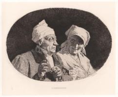 Alberto Maso Gilli (1840-1894): Szemrehányás. Rézkarc, papír, jelzett a karcon. Az 1884-ben megjelent Életképek. Jelenkori művészek találkozója. Husz rézkarcz c. mappából. Lapszéli apró foltokkal és kisebb gyűrődéssel. 18,5x22,5 cm