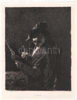 Alberto Maso Gilli (1840-1894): Rembrandt. Rézkarc, papír, jelzett a karcon. Az 1884-ben megjelent Életképek. Jelenkori művészek találkozója. Husz rézkarcz c. mappából. Lapszéli egészen apró foltokkal. 24,5x19 cm