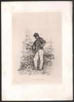 Étienne-Prosper Berne-Bellecour (1838-1910): Ugyan eljön-e majd? Rézkarc, papír, jelzett a karcon. Az 1884-ben megjelent Életképek. Jelenkori művészek találkozója. Husz rézkarcz c. mappából. Lapszéli apró foltokkal. 28x20 cm