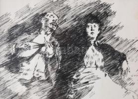 Pekáry István (1905-1981): Duett. Tus, papír, jelzett, 12,5×9,5 cm. Dekoratív, üvegezett, kissé sérü...