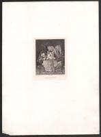 Louis Eugene Lambert (1825-1900) festménye után, Edmond Yon (1836-1897) metszése: Kedélyes fészek (kismacskák, cicák). Rézkarc, papír, jelzett a karcon. Az 1884-ben megjelent Életképek. Jelenkori művészek találkozója. Husz rézkarcz c. mappából. Lapszéli apró foltokkal. 12,5x9,5 cm