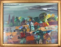 Vásárhelyi Kovács (Kováts) Tibor (1924-1997): Balatoni táj. Olaj, farost, jelzett. Hátoldalán Képcsarnok Vállalat címkéjével. Dekoratív, üvegezett fakeretben, 80×60 cm