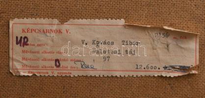 Vásárhelyi Kovács (Kováts) Tibor (1924-1997): Balatoni táj. Olaj, farost, jelzett. Hátoldalán Képcsa...
