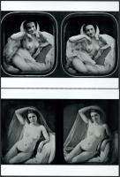 cca 1850 Sztereo dagerrotípiákon akt modellek, szolidan erotikus felvételek, 2 db modern nagyítás, jelzés nélkül, 15x21 cm