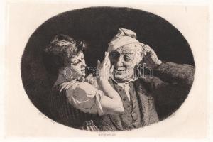 Alberto Maso Gilli (1840-1894): A merénylet. Rézkarc, papír, jelzett a karcon. Az 1884-ben megjelent Életképek. Jelenkori művészek találkozója. Husz rézkarcz c. mappából. Lapszéli egészen apró foltokkal. 16x23,5 cm