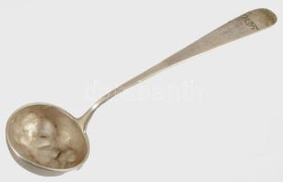 Antik ezüst tejmerő kanál 13 latos finomságjelzéssel, . mesterjeggyel, jelzett , horpadásokkal 23 cm