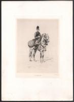 Jean-Baptiste Édouard Detaille (1848-1912): A trombitás. Rézkarc, papír, jelzett a karcon. Az 1884-ben megjelent Életképek. Jelenkori művészek találkozója. Husz rézkarcz c. mappából. Lapszéli apró foltokkal. 22x17 cm