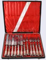 12 darabos, hat személyes ezüst nyelű villa és kés készlet, nagy méret 22-27 cm, Nagyon szép egészbőr borítású díszdobozban 37x29 cm