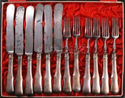 12 darabos, hat személyes ezüst nyelű villa és kés készlet, nagy méret 22-27 cm, Nagyon szép egészbő...